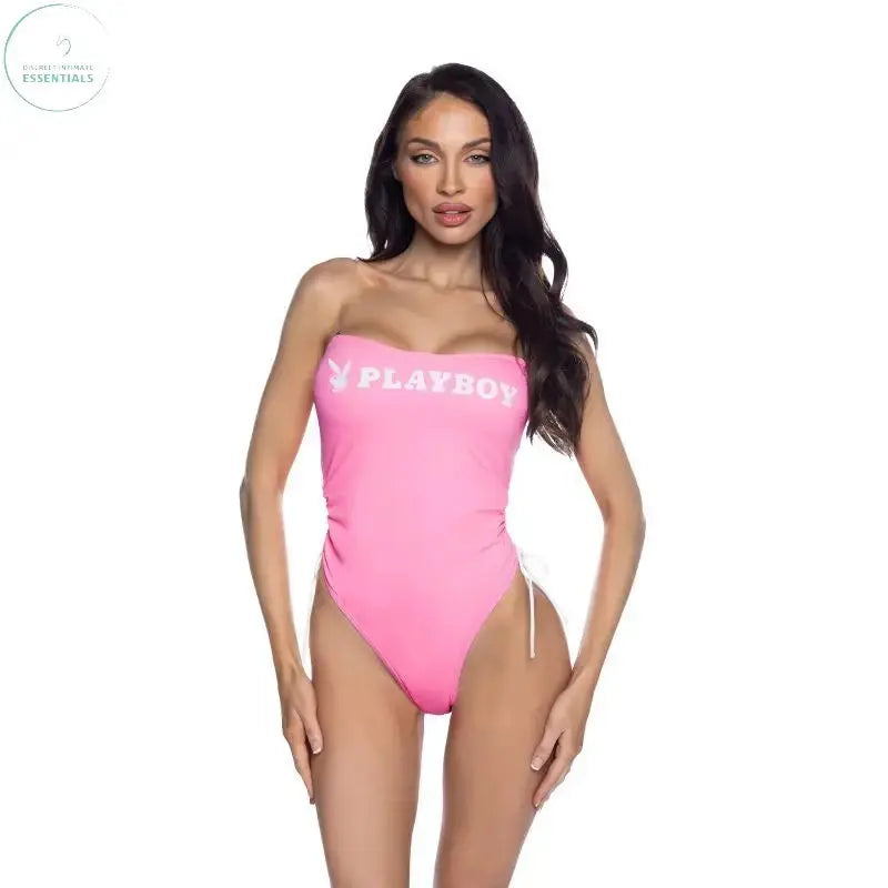 PlayBoy Pink 1 Pc Swimsuit with Ruched Side Ties & Removable Clear Straps by Playboy Swim from Discreet Intimate Essentials for  Lingerie, quality products at discount affordable prices.