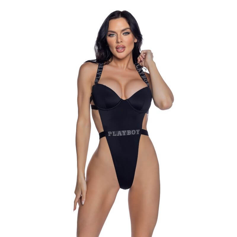 PlayBoy high-leg rhinestone swimsuit featuring a V-neckline, high-cut legs, and rhinestone logo.