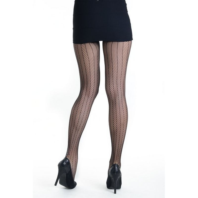 Model wearing black arrow mesh tights with a striking arrow pattern and high heels, showcasing a chic and seductive style.