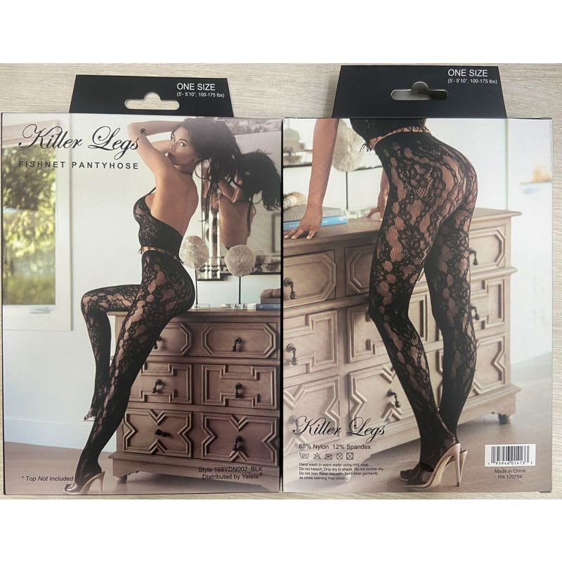 Sensual Arrow Mesh Tights Black packaging showcasing stylish model wearing Killer Legs fashion pantyhose.