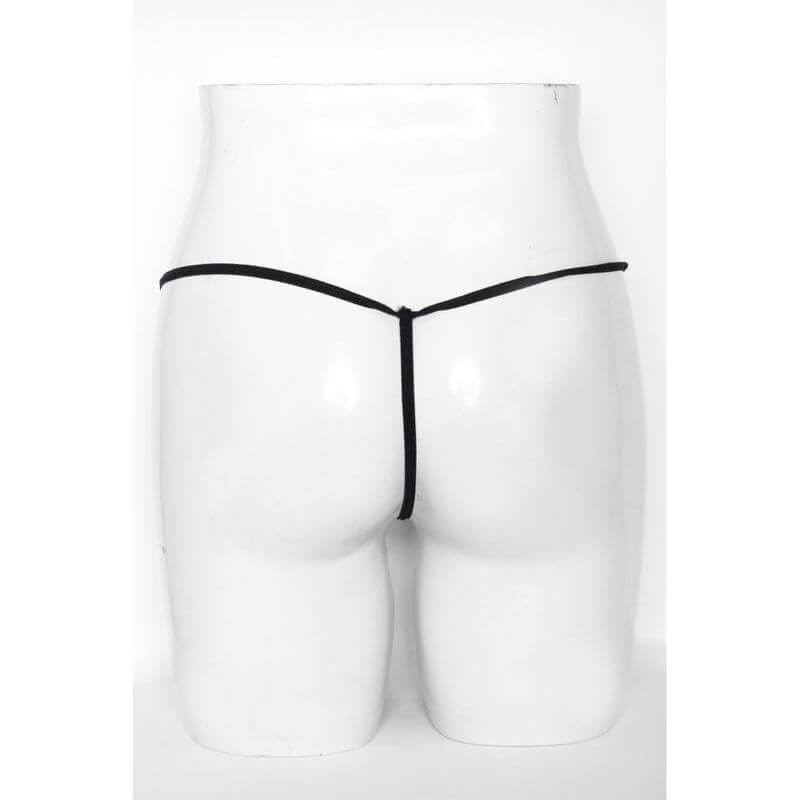 Mesh Net G-String Black displayed from the back on a mannequin, showcasing its sheer net design and open back.