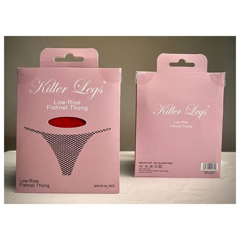Killer Legs Low-Rise Fishnet Thong packaging in pink featuring a sheer design, showcasing intimate essentials for her.