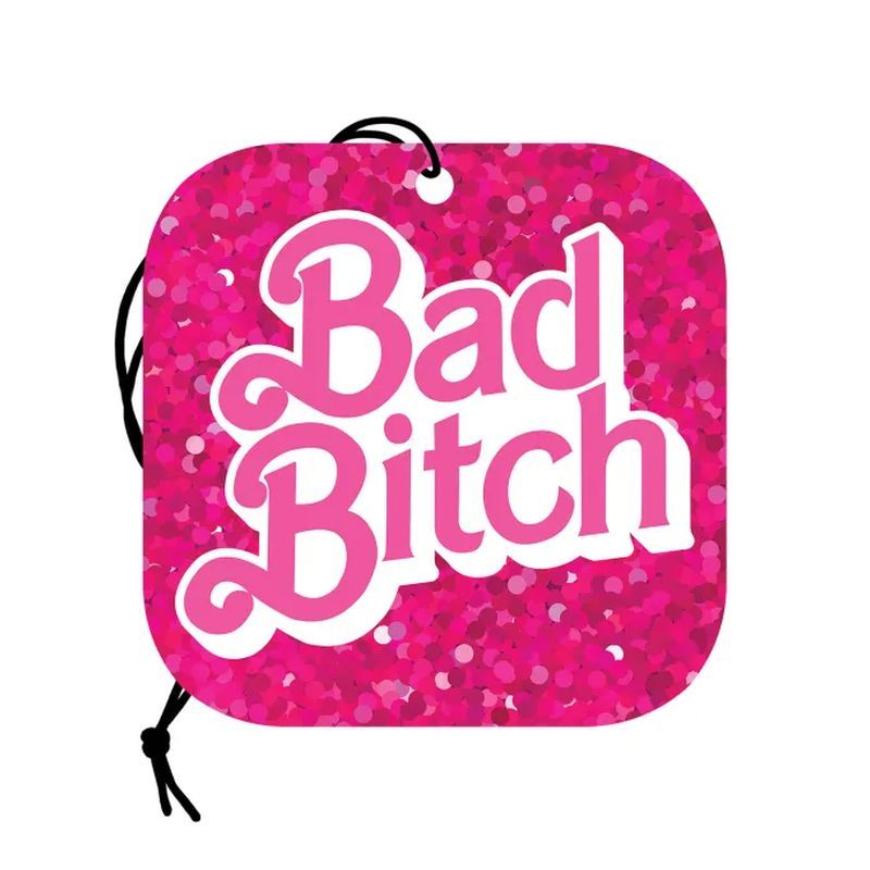 Barbie-inspired strawberry air freshener design featuring the words 'Bad Bitch' on a pink glitter background.