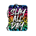 Slay All Day leopard print air freshener with vibrant colors and string for hanging in cars or closets.