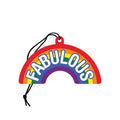 Fabulous rainbow cardboard air freshener with hanging string, featuring a vibrant rainbow design and fresh perfume scent.
