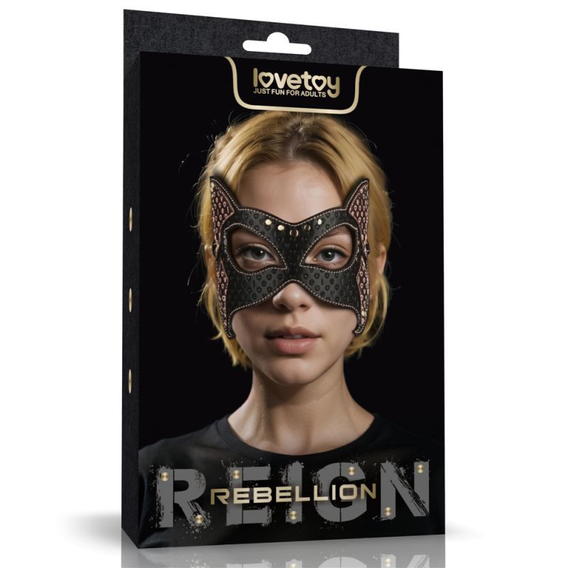 Rebellion Reign Cat Mask packaging featuring a model wearing a seductive mask for intimate adventures.