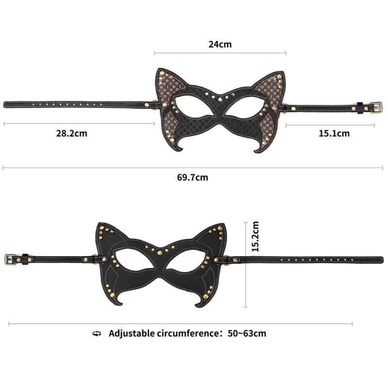 Rebellion Reign Cat Mask design with adjustable strap and antique bronze rivets for intimate essentials for her.