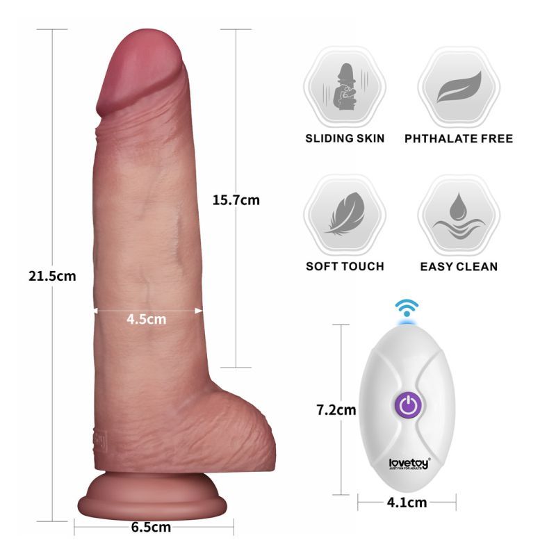Vibrating Sliding Skin Pro II Silicone Dong 8.5 with remote control and detailed dimensions for pleasure product.