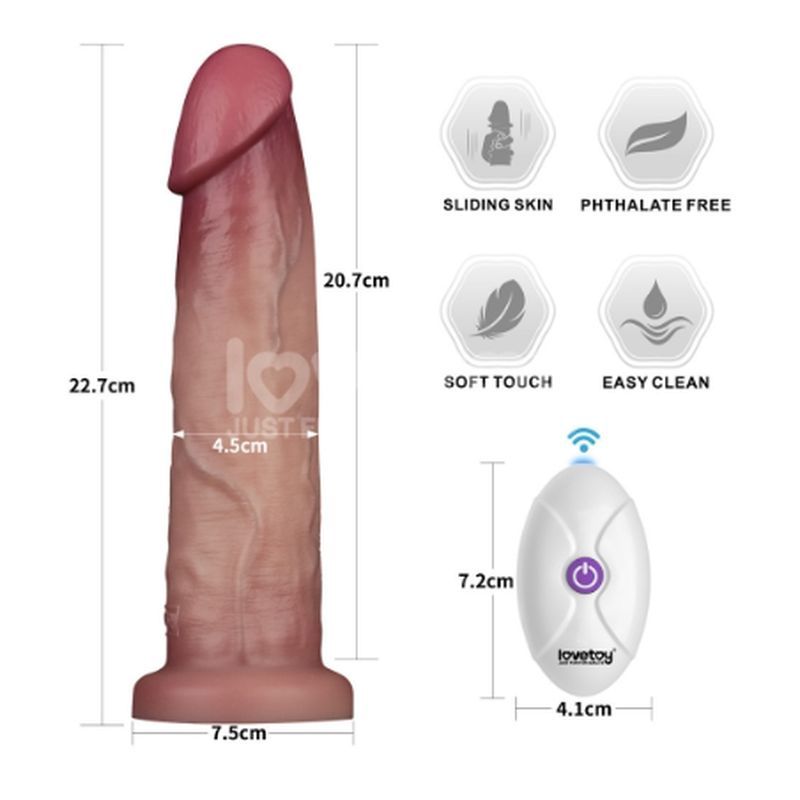 Vibrating Sliding Skin Pro II Silicone Dong 9in with remote and features like sliding skin and easy clean.