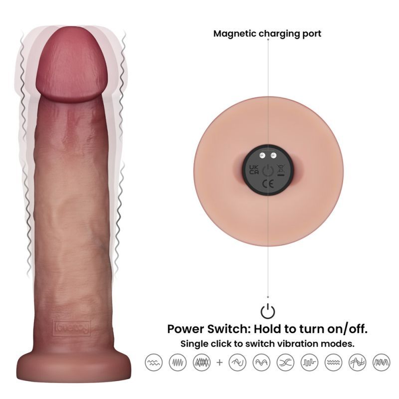 Vibrating Sliding Skin Pro II Silicone Dong 9in with magnetic charging port and power switch for vibration modes.