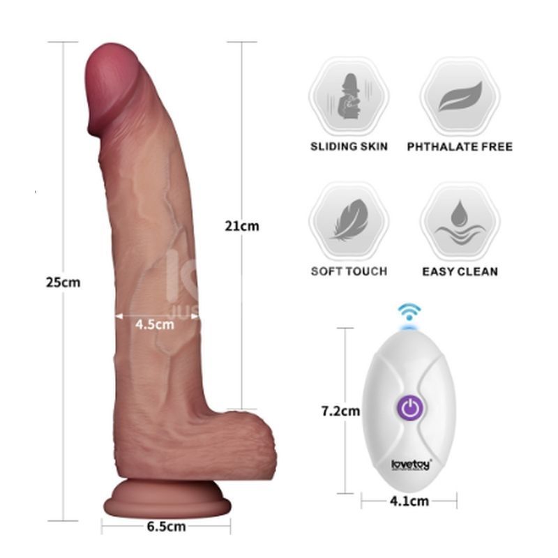 Vibrating Silicone Dong 10 Inch with sliding skin, phthalate-free, soft touch, easy to clean, and remote control.