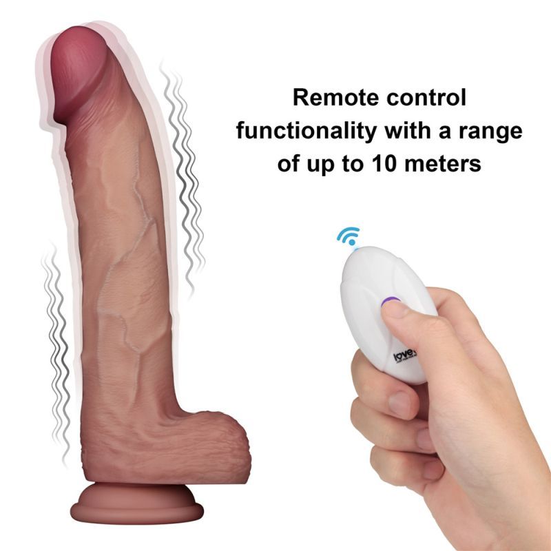 Vibrating Sliding Skin Pro II Silicone Dong 10in demonstrating remote control functionality up to 10 meters.