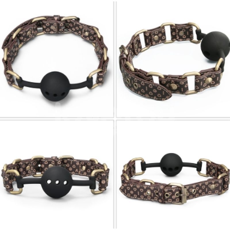 Rebellion Reign Ball Gag featuring luxury bondage ball gag design with brown PU leather and antique bronze spikes.