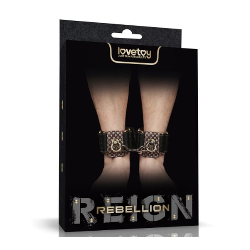 Rebellion Reign Ankle Cuffs packaging featuring faux leather ankle cuffs on model's ankles.