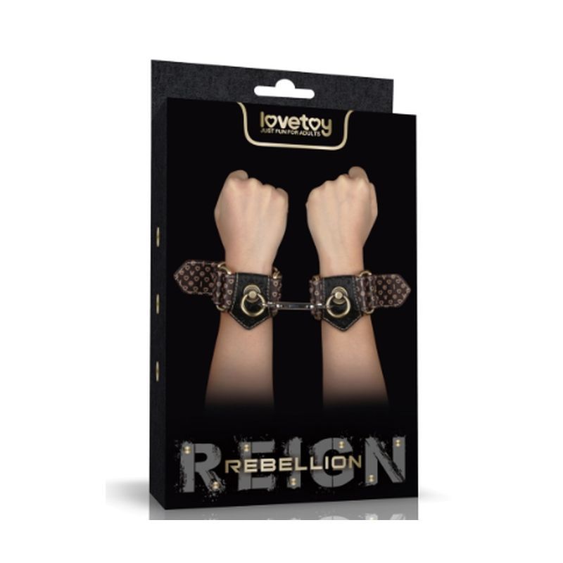 Rebellion Reign deluxe handcuffs with spikes in packaging displaying hands cuffed together.