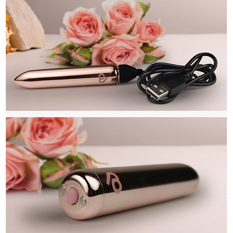 Golden Rose Rechargeable Bullet Vibrator with USB charging cable and pink roses background.