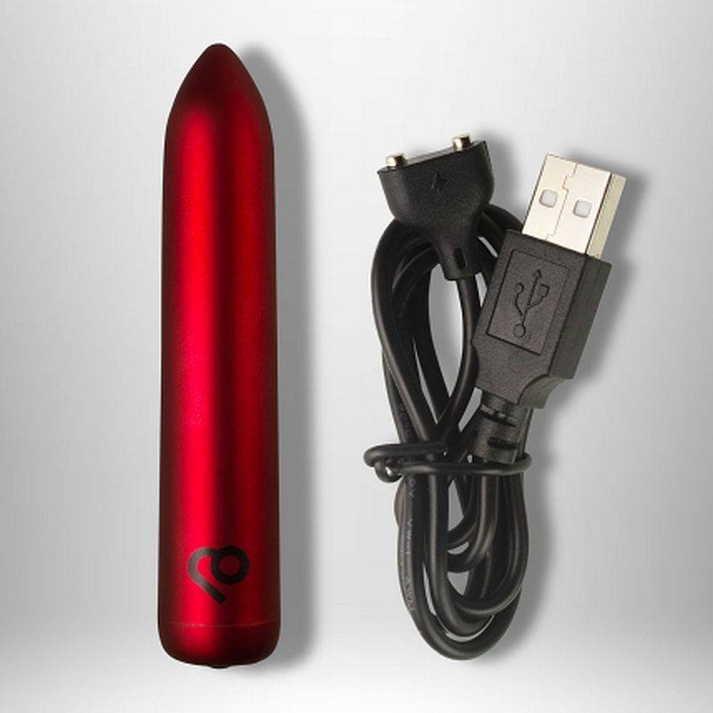 Poppy Red Rechargeable Bullet Vibrator with USB charging cable for powerful stimulation.