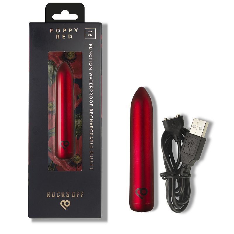 Poppy Red Rechargeable Bullet Vibrator with USB charging cable, featuring 16 powerful vibration modes.