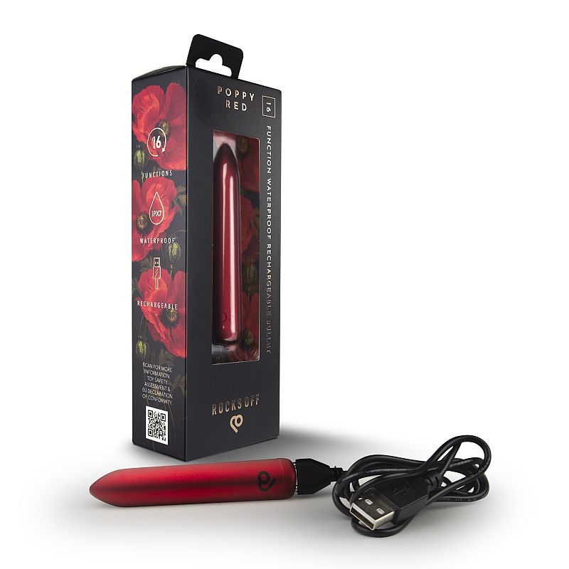 Poppy Red Rechargeable Bullet vibrator with packaging and charging cable, intimate essentials for her.
