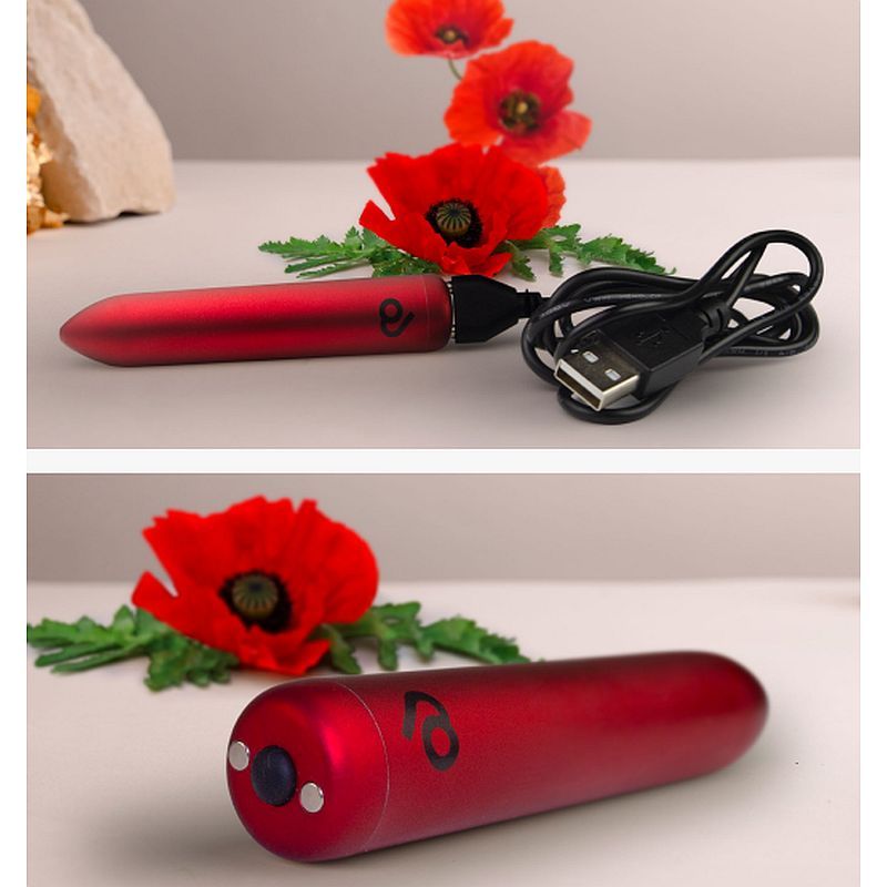 Poppy Red Rechargeable Bullet with USB charging cable beside vibrant poppies, a perfect intimate essential for her.
