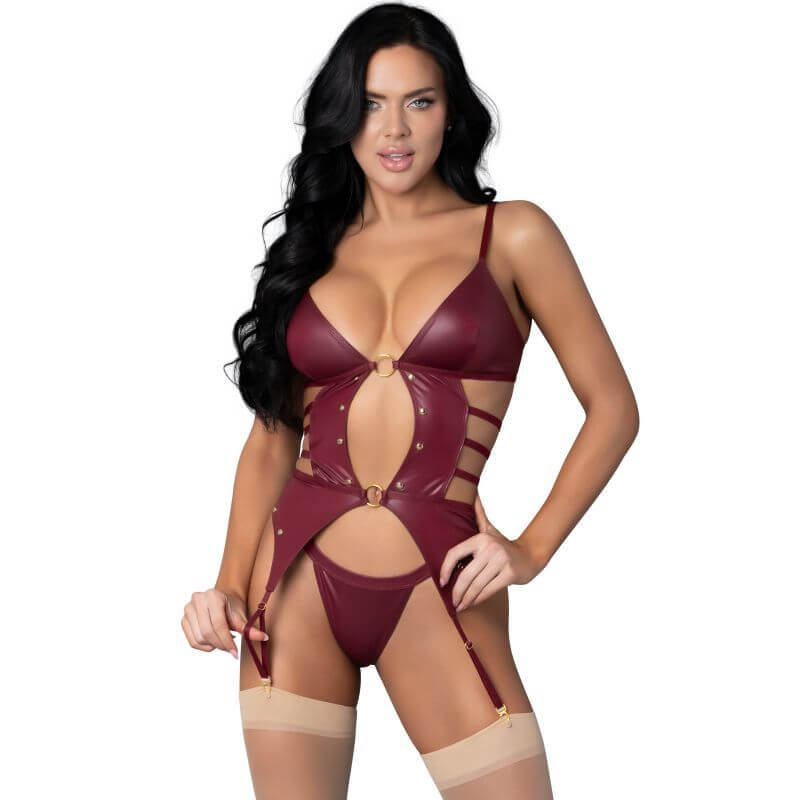 Kira Burgundy Kiss two piece lingerie set showcasing an open-front design with decorative rings and adjustable straps.