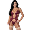 Kira Burgundy Kiss two piece lingerie set featuring an open-front design and adjustable straps for a customizable fit.