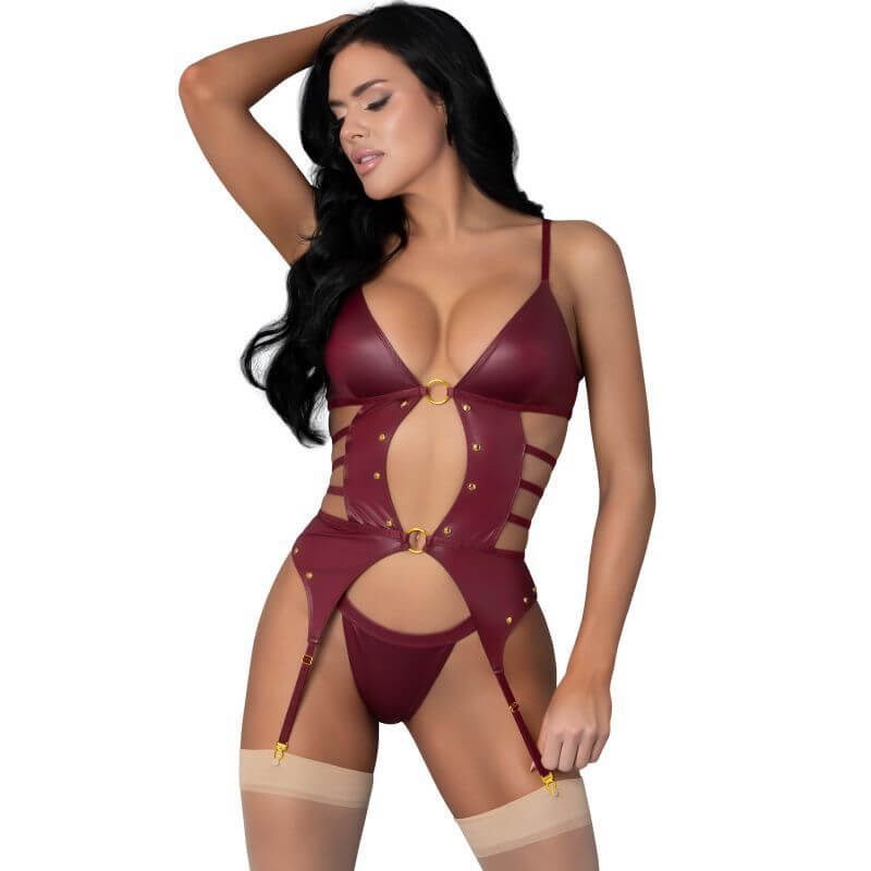 Kira Burgundy Kiss Two Piece Set featuring a basque design with decorative rings and adjustable straps from Lust collection.