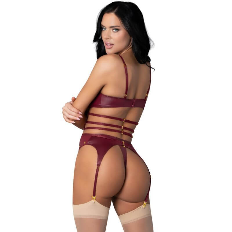 Kira Burgundy Kiss Two Piece Set showcasing a sultry open-front design with decorative rings and adjustable straps.