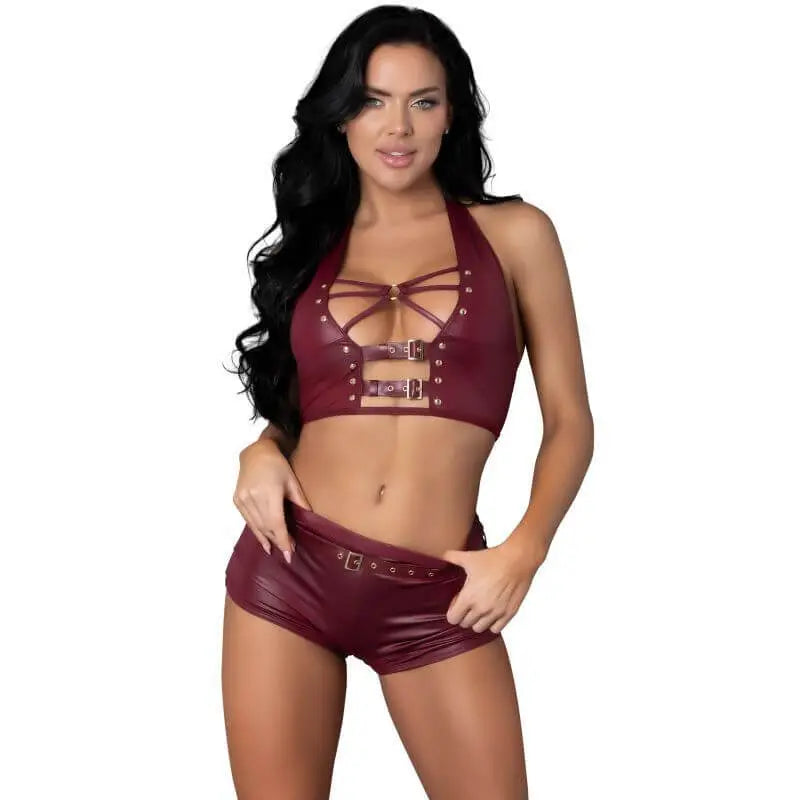 Thalia Burgundy Tease Two Piece Set Exposed Lingerie Discreet Intimate Essentials.