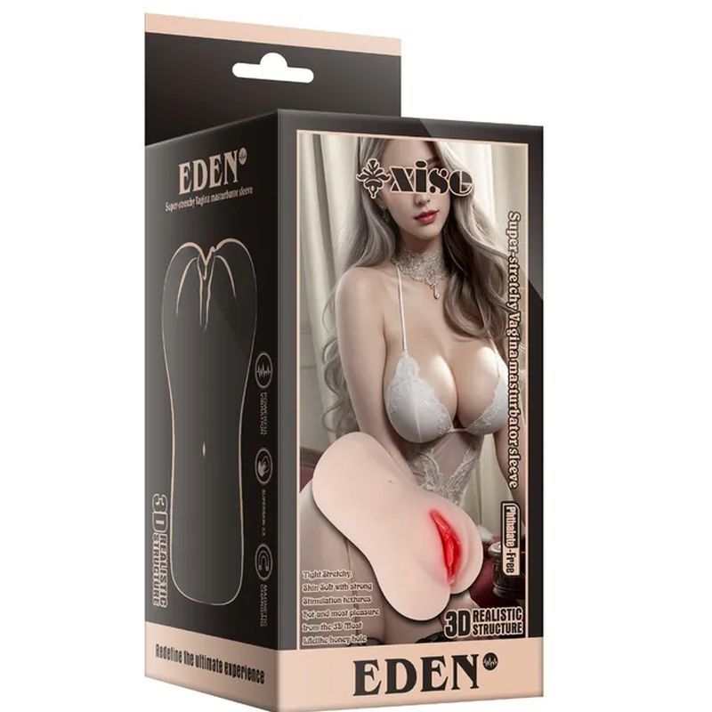 Eden Vibrating Vaginal Masturbator packaging showcasing realistic design and features for adult pleasure.