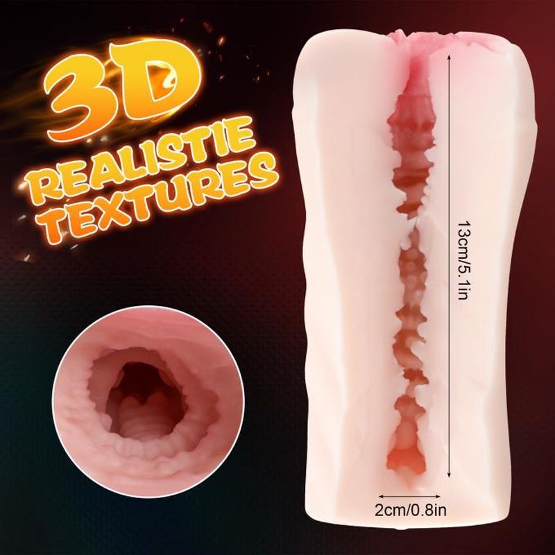 Penny Pussy dual layer vibrating masturbator showcasing 3D realistic textures and measurements for enhanced pleasure.