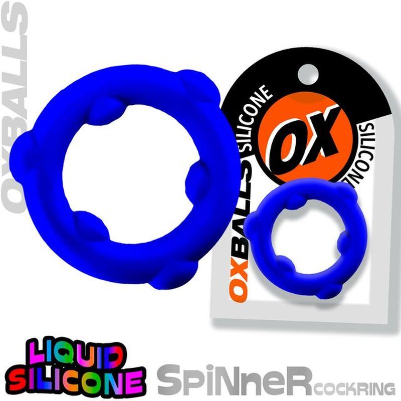 Spinner Silicone Ring Blue displayed with packaging, showcasing premium liquid silicone for intense play.