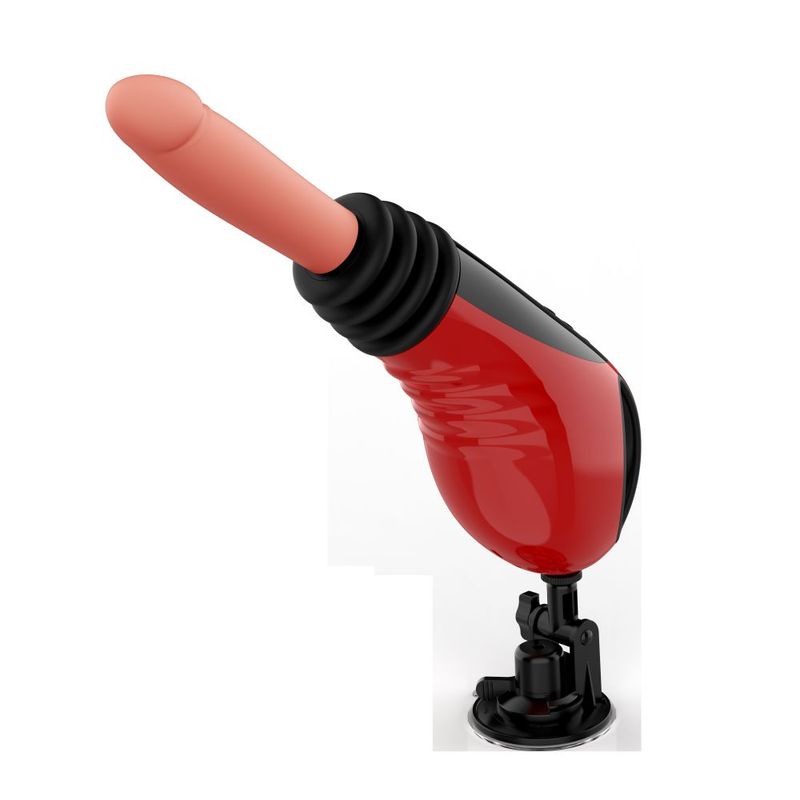 Thrusting vibrating sex machine with adjustable silicone shaft and suction base for enhanced pleasure.