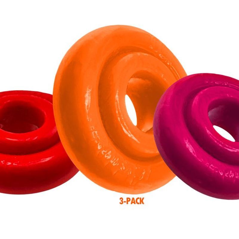 RimRingz 3 Pc Multi Size Fire Hots featuring multi-size cockrings in red, orange, and purple colors.