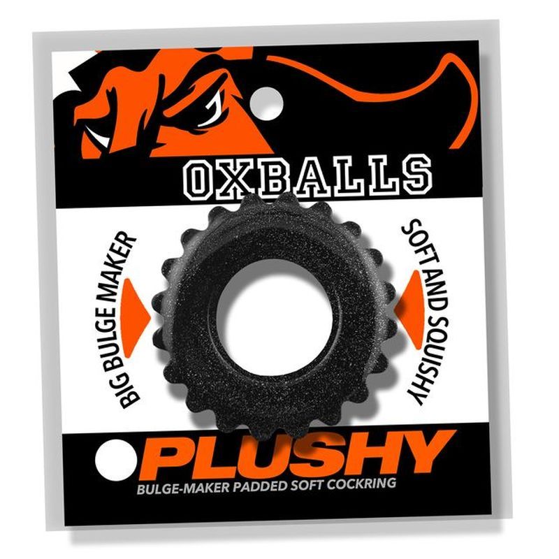 PLUSHY Ring black soft cockring for comfort, designed for bulge and extended wear.