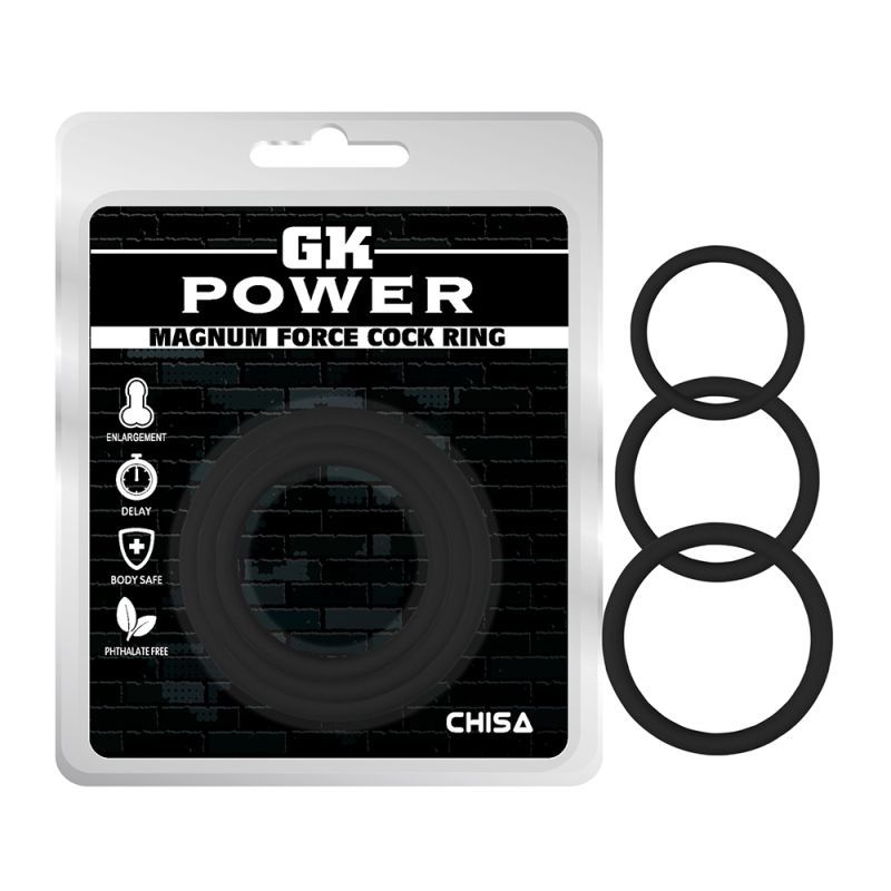 Magnum Force Cock Ring Set Black - three sizes of body-safe silicone rings for enhanced performance.