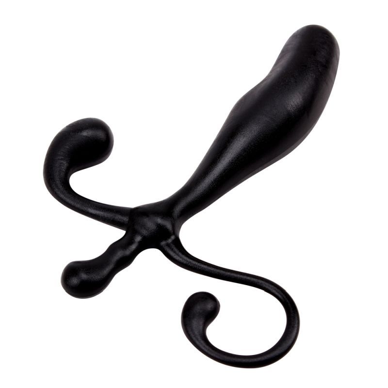 Prostate pleasure plug designed for intense stimulation with a curved bulb and dual handles for control.