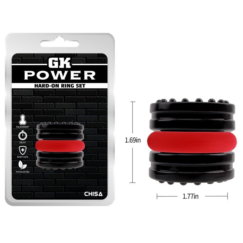 Hard on 2 Pc Ring Set featuring textured black and smooth red rings for enhanced pleasure and performance.