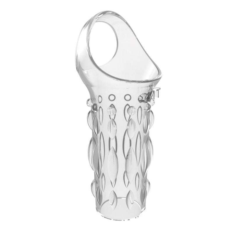 clear power cage restraint, featuring textured surface and open design for enhanced pleasure and sensation.