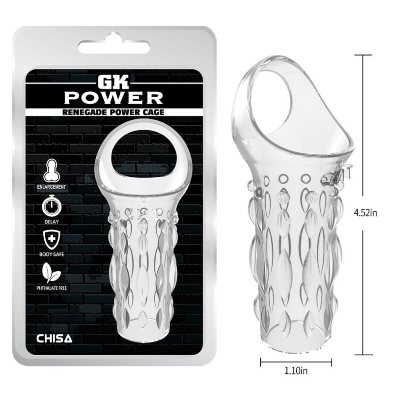 Clear power cage restraint by Renegade, designed for enhanced sensation and pleasure with a textured surface.