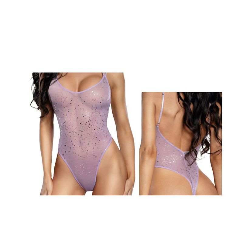 DreamGirl ombre glitter mesh teddy in lilac showcasing shimmering mesh and low back design.