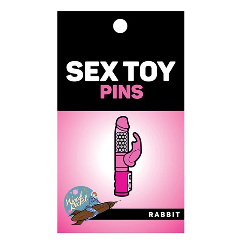 Rabbit Enamel Pin featuring a playful pink rabbit vibrator design on a packaging card.