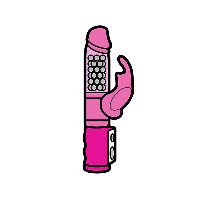Rabbit Enamel Pin featuring a playful design of a classic rabbit vibrator in vibrant pink.