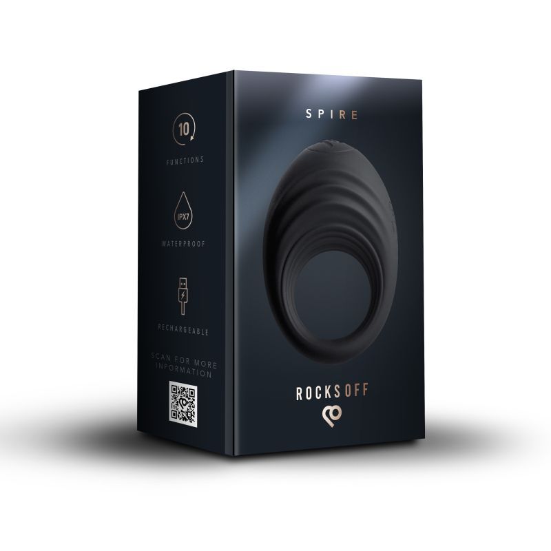 Spire 10 Speed Silicone Vibrating Cock Ring packaging displaying features and functions.