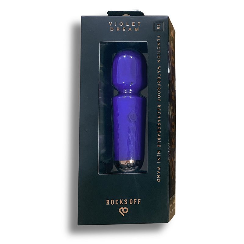 Rechargeable mini wand vibrator in a sleek waterproof design, showcasing its 16 functions and luxurious purple finish.