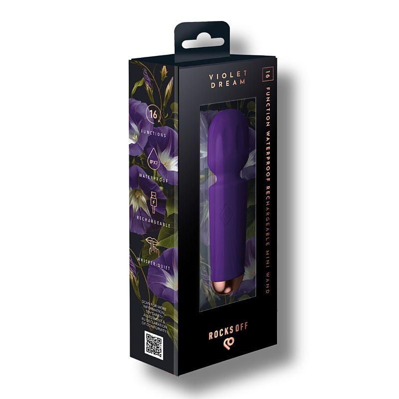 Rechargeable mini wand vibrator Violet Dream packaging featuring 16 functions and waterproof design.