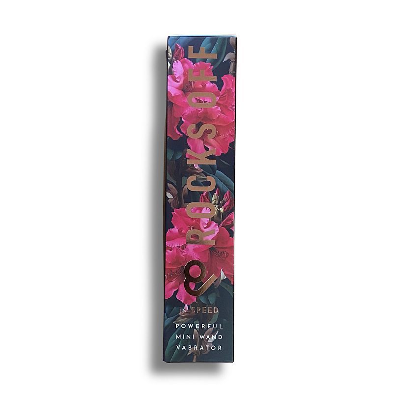 Rechargeable silicone mini wand packaging featuring vibrant floral design and product details.
