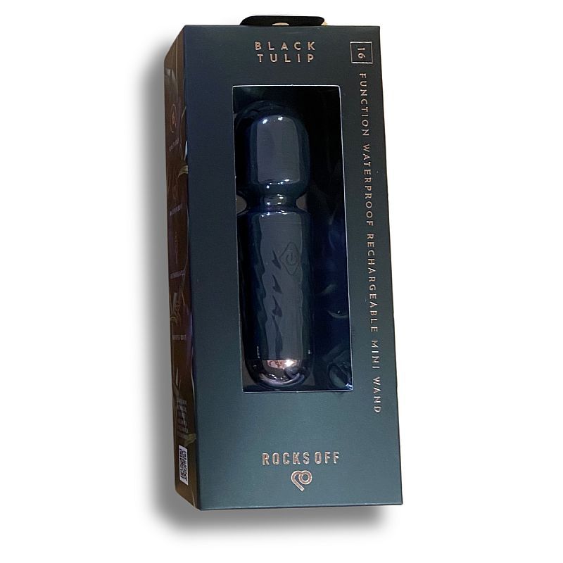 Rechargeable silicone mini wand in a stylish black packaging with details of its 16 waterproof functions.