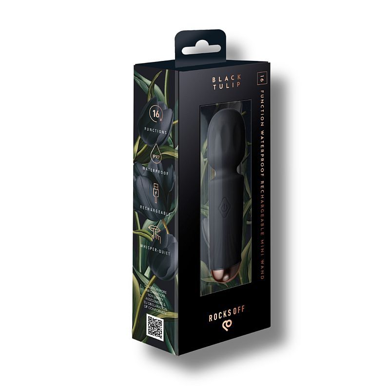 Rechargeable silicone mini wand in elegant packaging showing black tulip design and features.