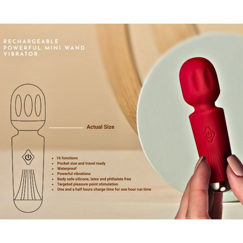 Rechargeable silicone mini wand with 16 functions, waterproof design, and compact size for travel-friendly pleasure.